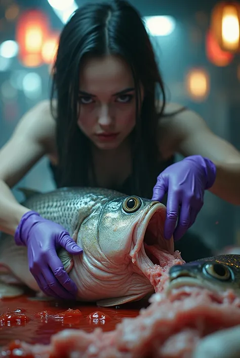 A WOMAN WEARING PURPLE SHORT LATEX GLOVES IS TEARING FISH FLESH，woman pale skin ， fish struggling in hand ，Fish market 