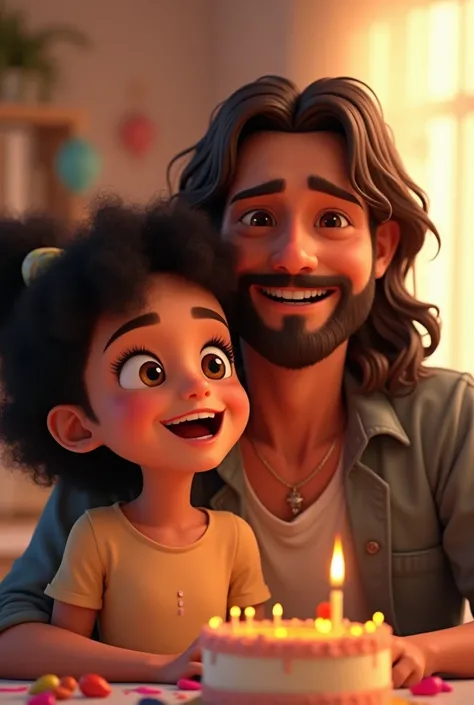 Girl with black curly hair and brown eyes with a man with long brown hair and a beard celebrating the girls 15th birthday 
Animation 
