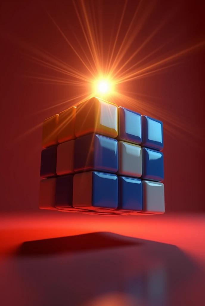 "A Rubiks cube tilted slightly forward and floating in the center of the image. The top face of the cube is yellow, the right face is blue, and the left face is white, with smooth surfaces and sharp edges. A bright, glowing light reflection is positioned o...