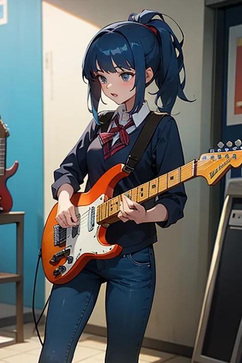 High school girl in school uniform and jeans playing an electric guitar and singing in front of a store