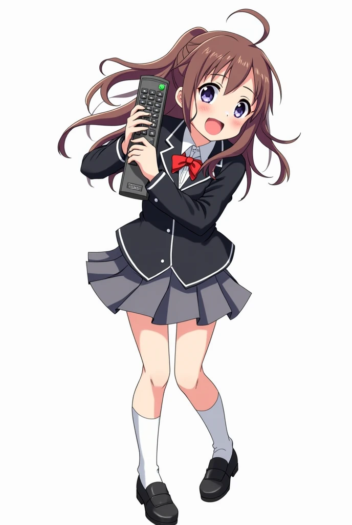 Girl standing in the front and her legs and wearing black shoes and uniform blazer lines black and white school and with gray skirt lines red anime image with a remote control black television background white and full body with emotion of joy and embracin...