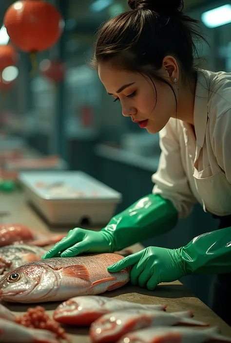 A WOMAN WEARING GREEN SHORT LATEX GLOVES IS STEWING OPEN FISH MEAT，woman pale skin ， fish struggling in hand ，Fish market 