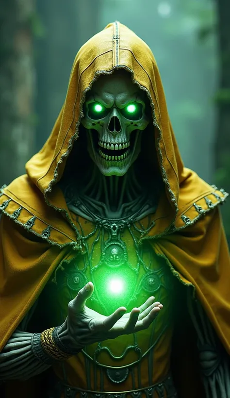 A surreal and captivating artwork of a Ancient undead sorcerer with glowing green eyes and a skeletal face, wearing a tattered golden hood and ornate armor, radiating eerie green energy from its chest, dark and ominous atmosphere, ultra-detailed and cinema...