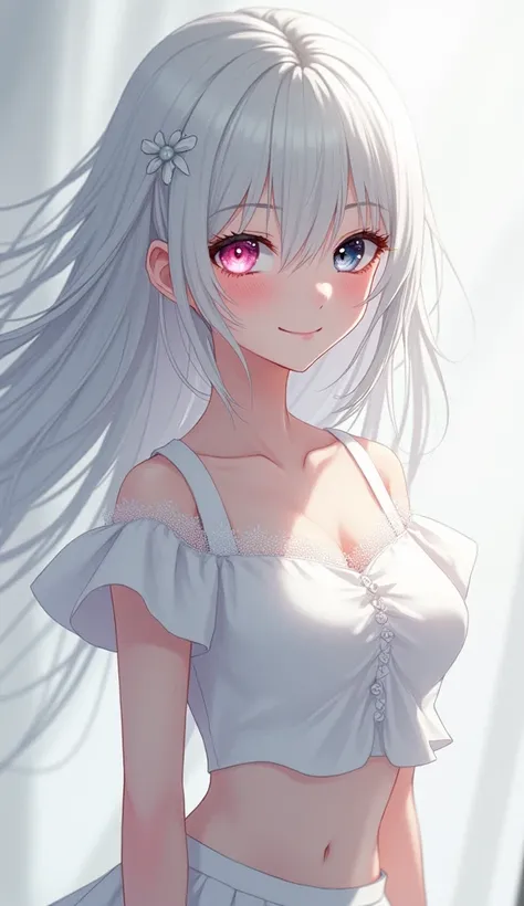 One Girl, White Hair, chest, Right eye is silver pink,Left eye is black,White outfit with short sleeves and miniskirt,smile