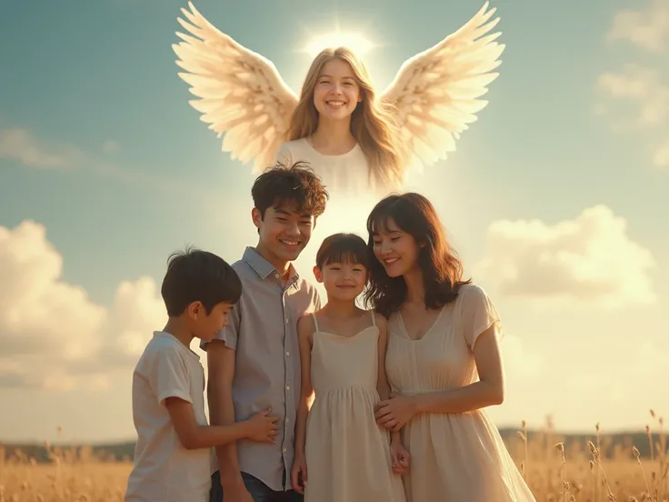 A family selfie where the background is showing the sky. A headshot of the little daughter who has passed away is showing on the sky with wings on her face.