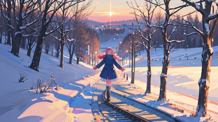 Winter evening、 a high school girl in uniform walking on a snowy track 。 she is wearing a warm coat and scarf 、With open arms、 walking happily while balancing with one leg raised 。 The soft orange and pink light of the sunset spreads out in the background ...