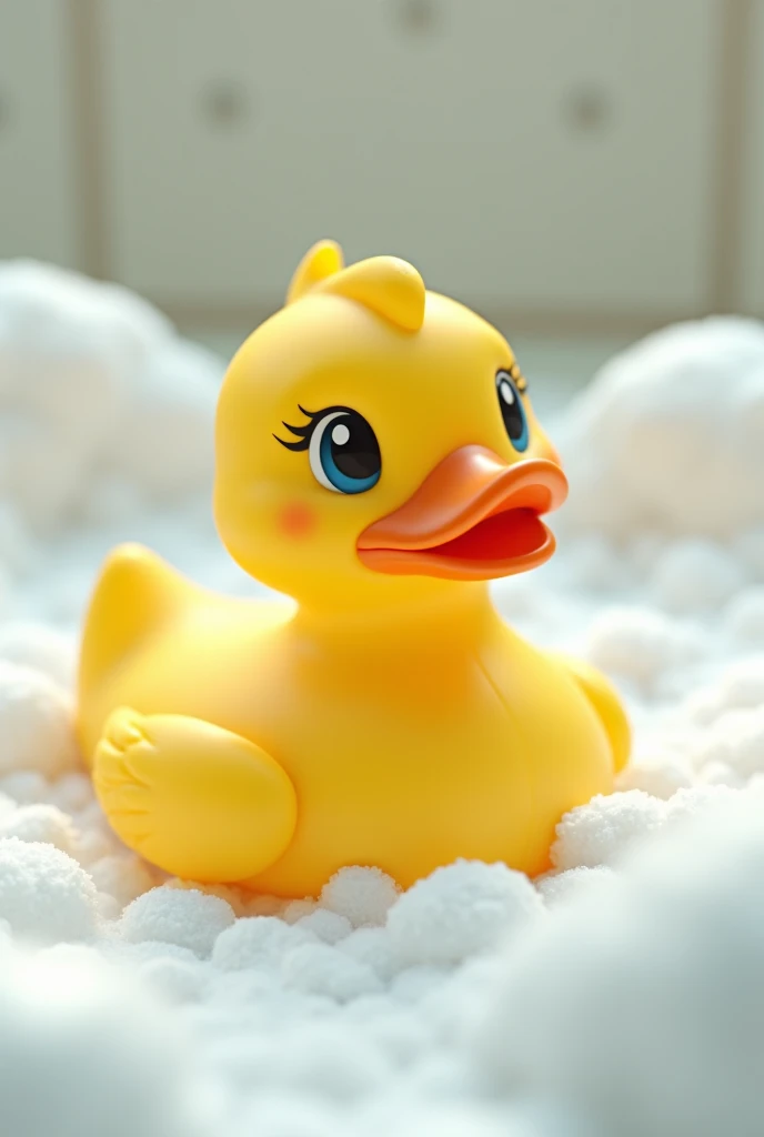 The rubber duck in the bath , yellow,  is like living and white water made from rubber bath water