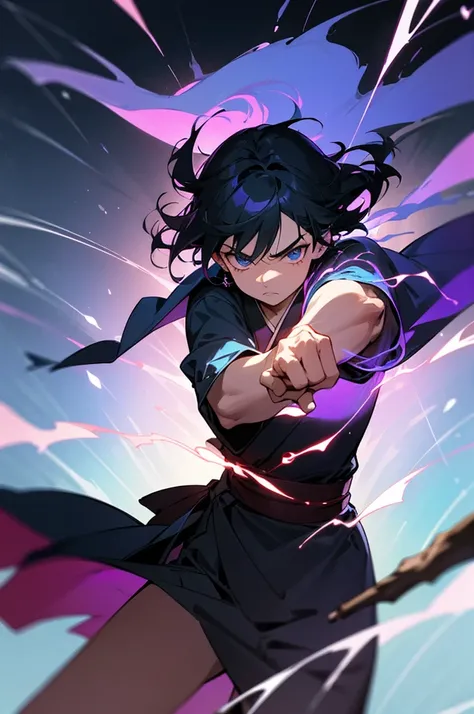 Concentrated and strong expression, Black Haired Boy, Black kimono with red accents,At the fingertips shining on his fist, a torrent of blue-purple energy、Stick out one hand、The outstretched right hand is supported by the left hand, Staring ahead with a sh...