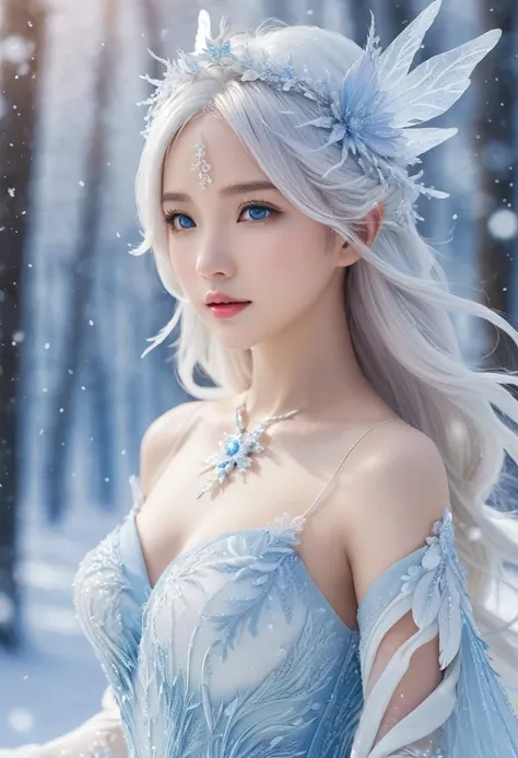 Based on current image、Express a snow fairy 。Pure white hair、Clear blue eyes、 clear skin、 has shining icy feathers spreading from the shoulders 。 The snowflakes that pour all over the body sparkle and shine 、 The background is a fantastic winter forest whe...