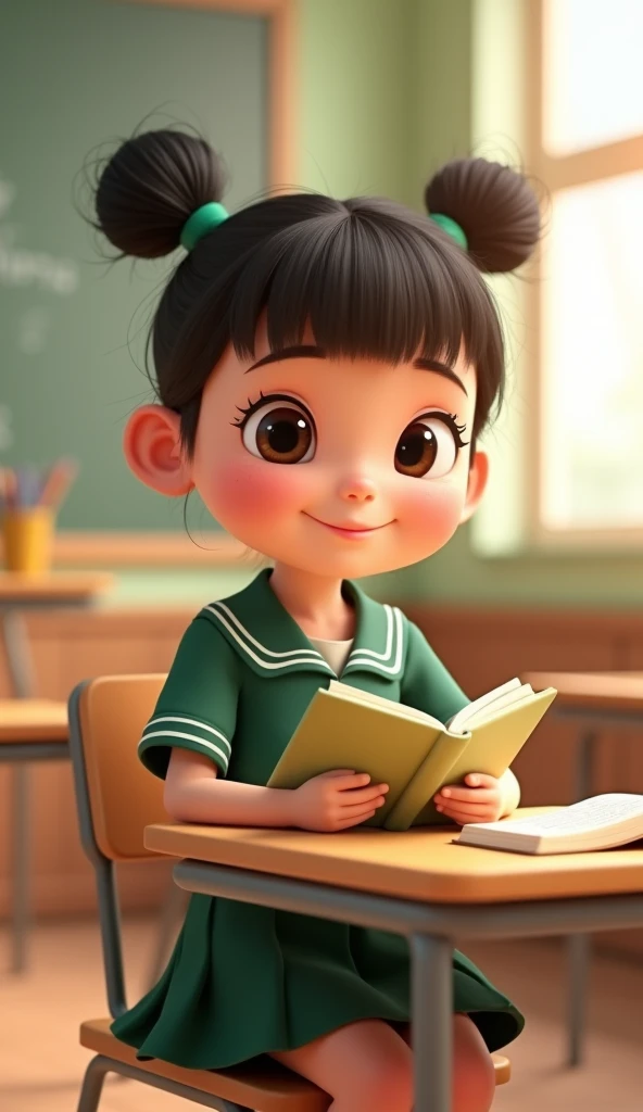 in the 3D animation image of a beautiful and adorable girl ((usia 3 tahun)) with her hair in two buns on top and bangs, wearing a dark green kindergarten school uniform, a dark green rens skirt. The style is 3D animation with a pastel color palette, creati...