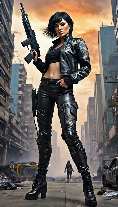 A full-body digital painting of a black-haired female mercenary embodying the essence of chaos in progress. The female character is depicted in a pattern that seamlessly shapes her figure while wearing a black leather jacket, black t-shirt, black pants, bl...