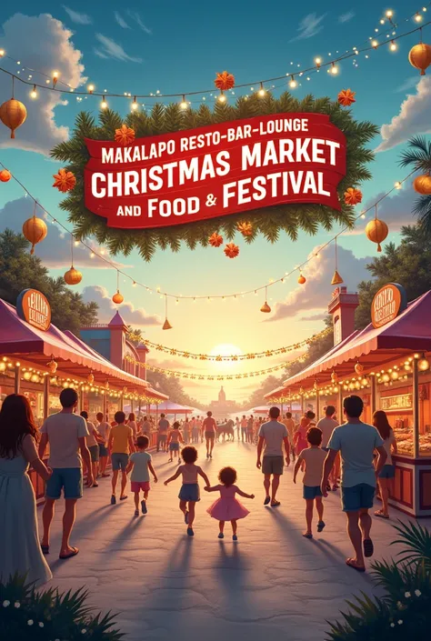 Prepare a poster . Put it a little christmassy and a little SEAFOOD. Leave space so that i can edit.
The poster should give vibes of a christmas market and food festival in a big yard. it should be fun. Include family, ren playing around. jumping castles, ...