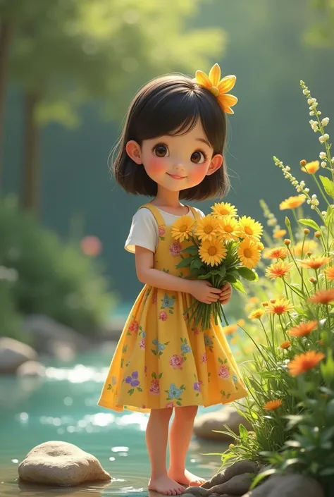 A  THAI GIRL IN A KINDERGARTEN DRESS STOOD BY A STREAM IN HER HANDS HOLDING A BUNCH OF YELLOW FLOWERS, SMILING FACE.