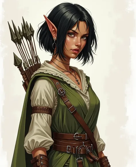 female elven archer, olive skin, short black hair, drawn art style d&d character art, black paint over her eyes.