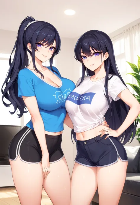 2girls. (daughter and her mother. two girls standing next to each other. ) ( một cô gái thấp và một cô gái cao ) t-shirts, black shorts, Anime images, living room background,  