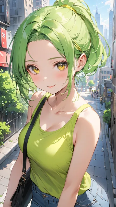 masterpiece, newest, absurdres, 1woman,short hair, average size breasts, short neon green hair,wearing headband, ponytail hair, middle parted bangs, neon green colored hair, large forehead, yellow eyes, gentle smile expression face, wearing yellow sleevele...