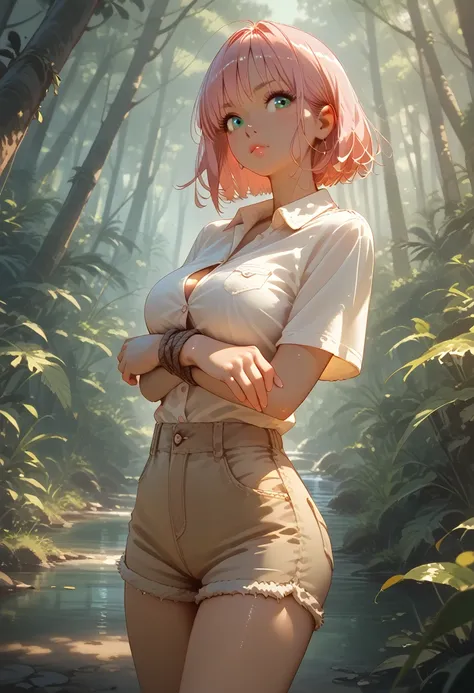 Art by jim silke, gorgeous sexy anime young woman, pink hair, 
 perfect face, perfect anatomy, wearing a tan button up shirt tied up under her breasts, extremely short tight tan shorts, and hiking boots, angled shot, confidently clearing a path through the...