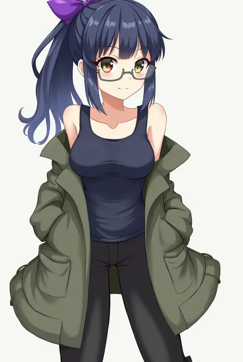  Dark Blue Ponytail with Purple Bow、 Different Color Eyes  （Left red、Right olive green） 、 Silver Frame Glasses 、whole body義肢、 Dark Blue Tank-Top、Army Green Coat 、 black trousers 、Khaki Army Boots 、whole body、Japanese anime style、 high resolution