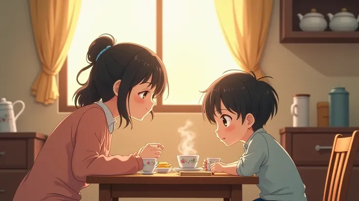 Anime, boy wnd his mother haveing breakfast. No one else in the frame 