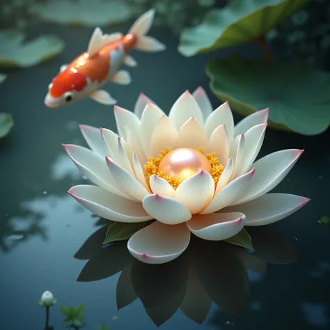 A pearl in a lotus seed　A big koi is swimming