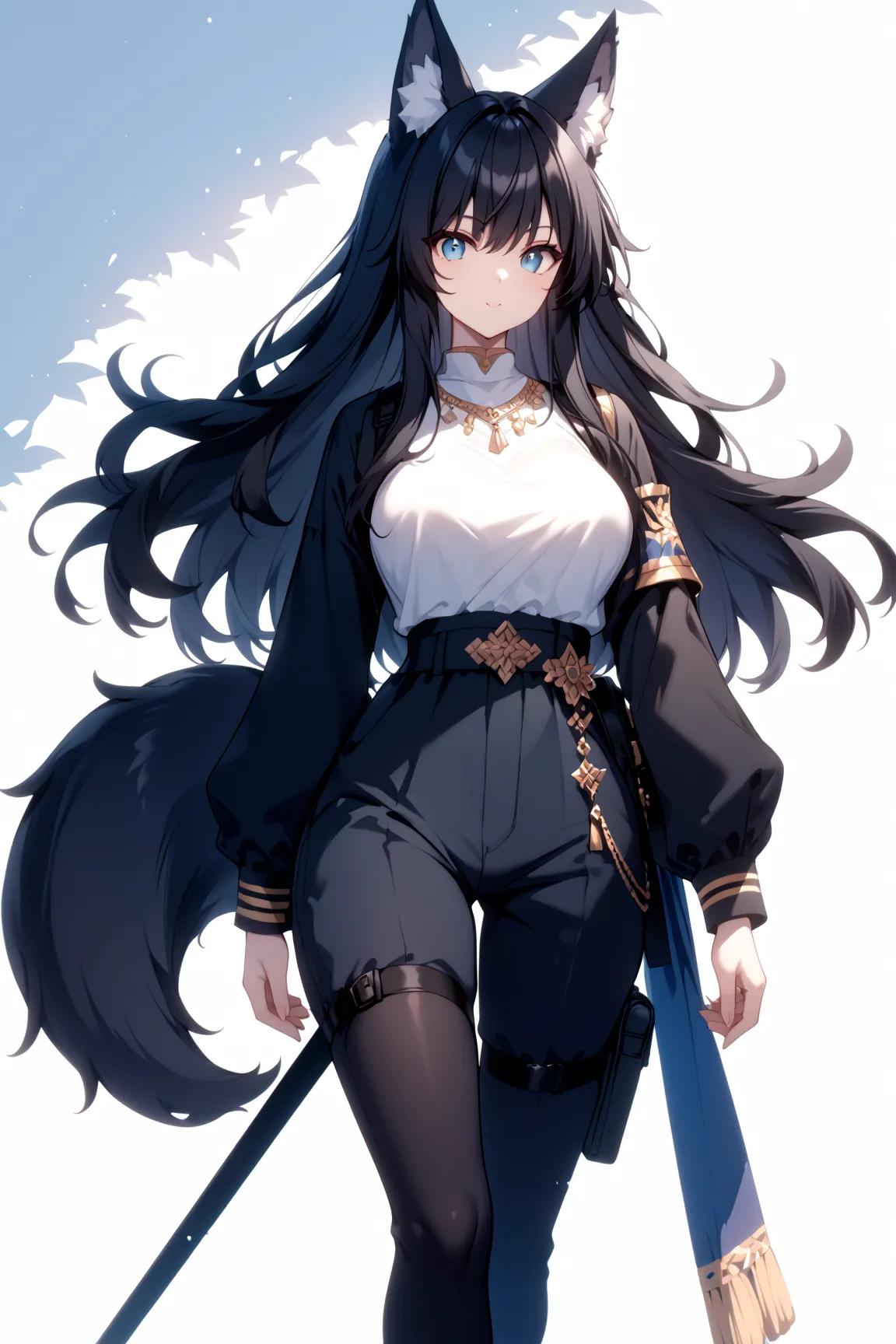 score_9, score_8_up, score_7_up, rating_safe, 1girl, cute, feminine, average height, Wolf girl, human skin, human face, long black hair, black fur, fluffy tail, shemale, strong, fluffy ears, sultry, jewelry, black hair, black fur, large breasts, fantasy gr...