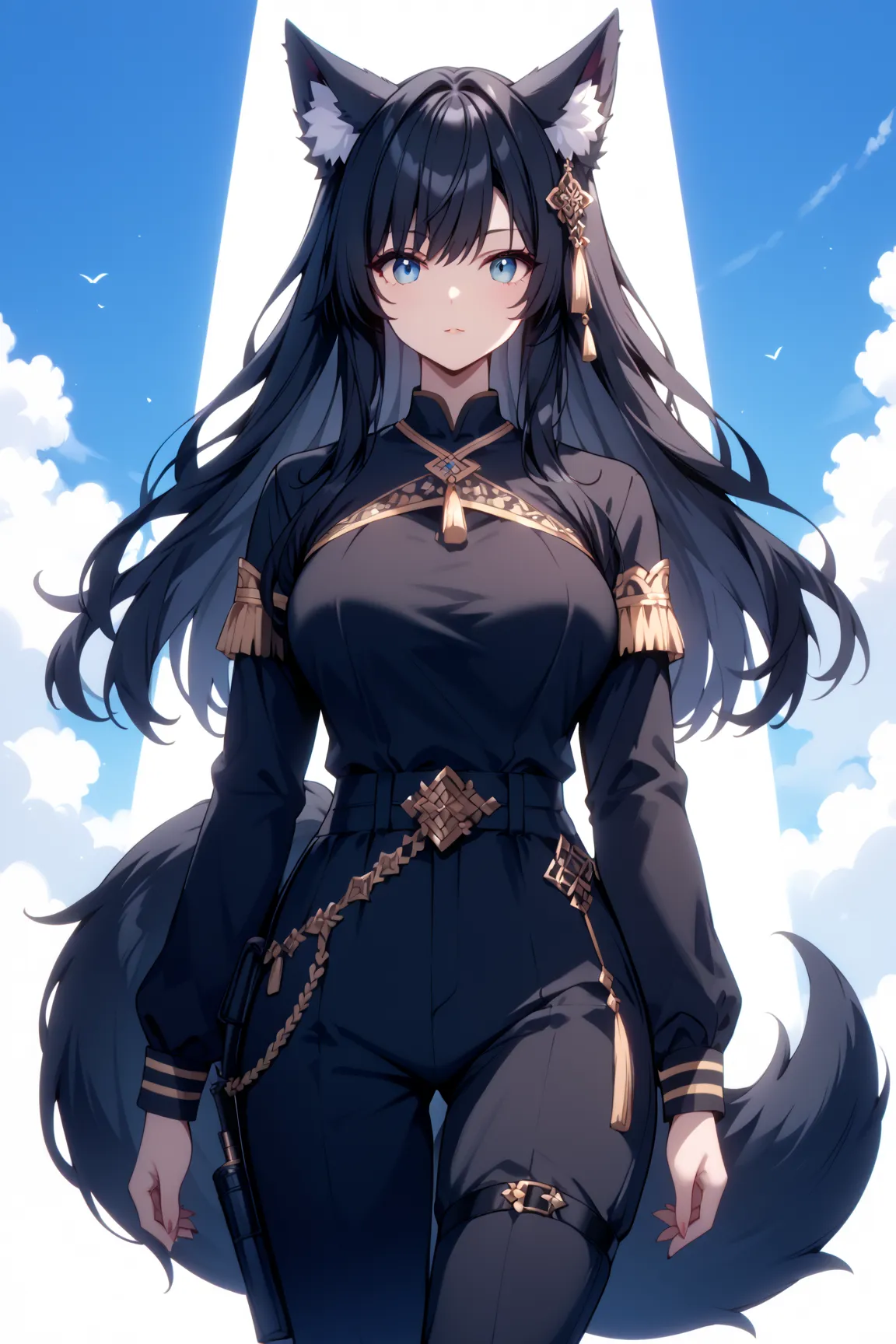 score_9, score_8_up, score_7_up, rating_safe, 1girl, cute, feminine, average height, Wolf girl, human skin, human face, long black hair, black fur, fluffy tail, shemale, strong, fluffy ears, sultry, jewelry, black hair, black fur, large breasts, fantasy gr...