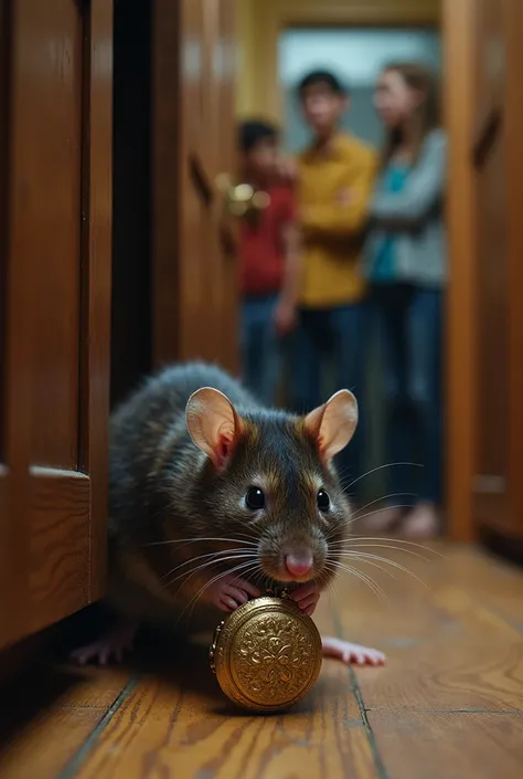 The rat, now aware of the discovery, scurries through a tiny crack in the pantry door, its paws tightly clutching the locket. The family stands in the background, their faces a mixture of confusion and wonder, as the rat disappears into the shadows.






