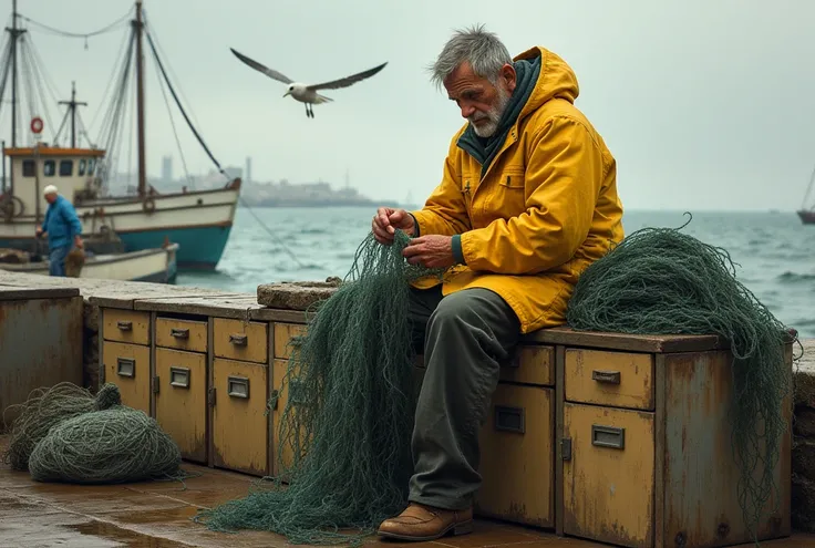 A fisherman in yellow raincoat repairs his nets sitting on lockers