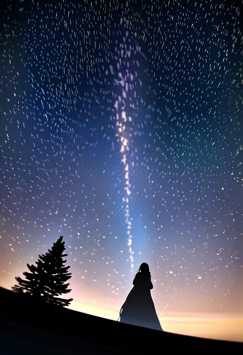 
 Lots of stars are shining in the winter night sky,  Many circular tracks in the long-exposure starry sky , The silhouette of a young woman with long hair、 Im looking up at the sky with my hands in my coat pocket, Photo taken from a distance, Photo from b...