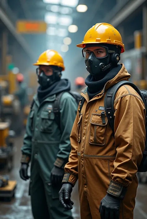 Production operators wear complete personal protective equipment industrial