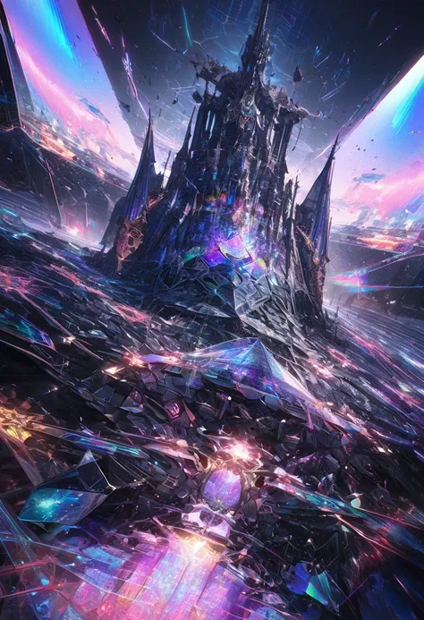 a kingdom castle shaped as a beetle stylized with a crystal X at the center, above the castle is a black hole, sky is like shattered broken glass, conceptual installation fantasy art, huge iridescent spaceship, holograms, neon line art, prisms, background ...