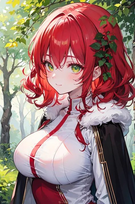 Masterpiece, ((1 girl)), ((Best Quality)), (Ultra-detailed), Highly detailed, ((Big breasts)), ((Medium Curly Hair, Red Hair, Green eyes, Yellow eyebrows)), ((17-years-old, Short Girl)), ((White Skin)), (Wizard Robe Black Dress, Robe, Red Lizard Skin on Bo...