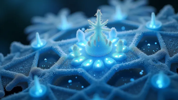 A microscopic view of a snowflake, revealing an intricate, crystalline city teeming with tiny, bioluminescent creatures. Intricate detail, scientific accuracy, mesmerizing.