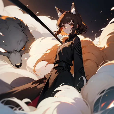  wolf girl in black clothes , with brown eyes ,  brown hair ,  one scythe on her side ,  bangs on one side , high, slim,  with a slight smile on her face and black patterns on her face, with a fluffy wolf tail and ears