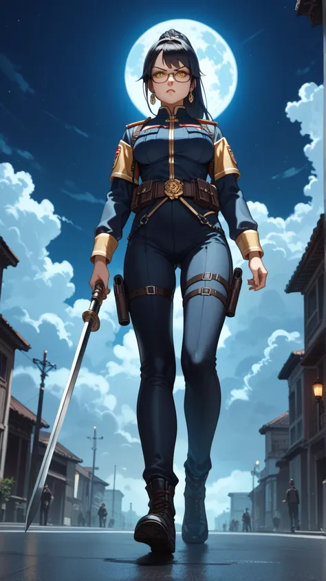 soldier girl, UHD,  black hair ,  ponytail,  cabello muy largo, breasts, Earrings,  yellow eyes,  Angry Expression , bright eyes,  lunar under the eye , with glasses,  against a background with a desolate road ,  at night and the moon with clouds ,  wearin...