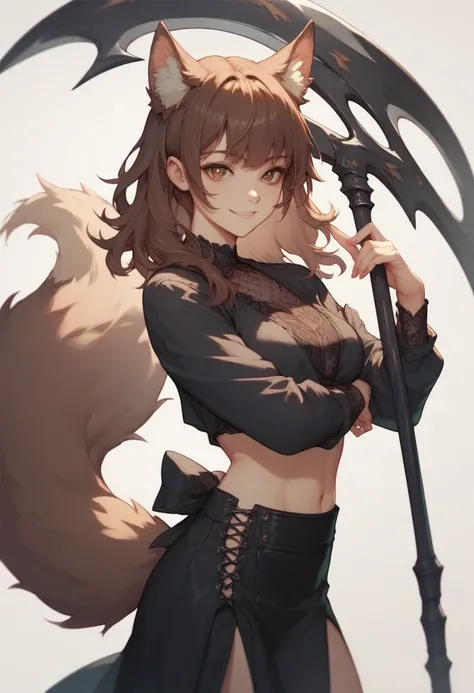  wolf girl in black clothes , with brown eyes ,  brown hair ,  one scythe on her side ,  bangs on one side , high, slim,  with a slight smile on her face and black patterns on her face, with a fluffy wolf tail and ears