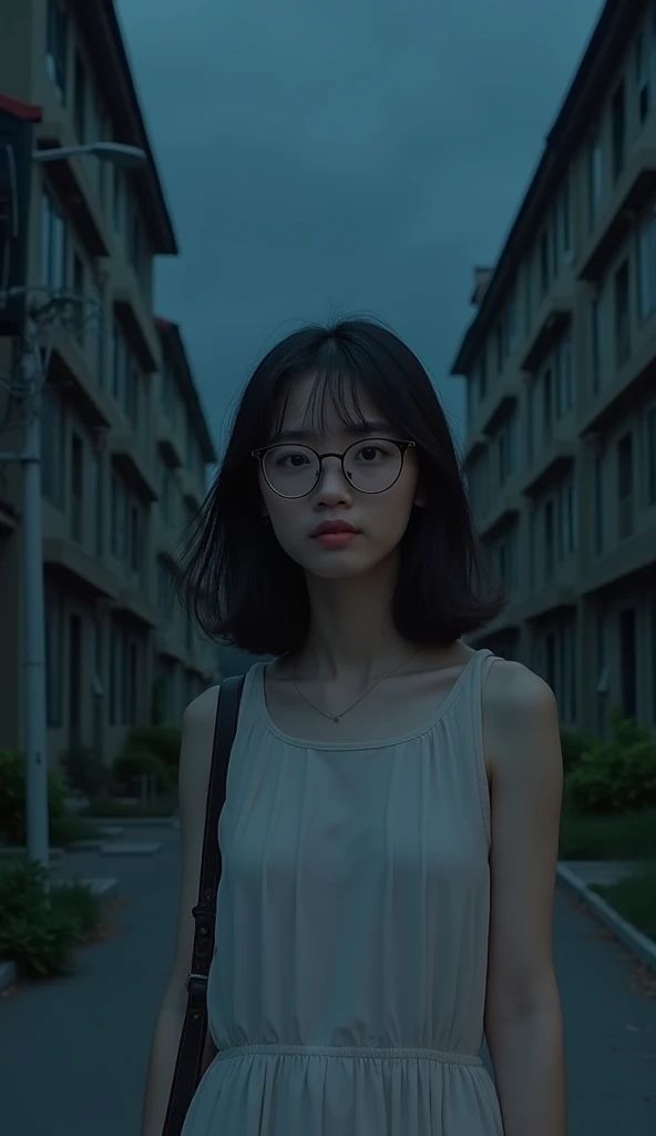 Quiet neighborhood at night with old apartment buildings, close-up of a 24-year-old Vietnamese girl, wearing a white dress, glasses, carrying a handbag on her shoulder, tired and worried face, eyes looking around, black sky, realistic image