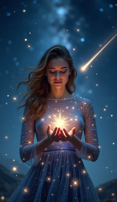 Off-center composition, medium close-up, A woman with a calm, celestial expression stands in the night sky, her dress made entirely of stars and galaxies. Each star pulses with light as if connected to her heartbeat. Her eyes glow with a soft, ethereal lig...