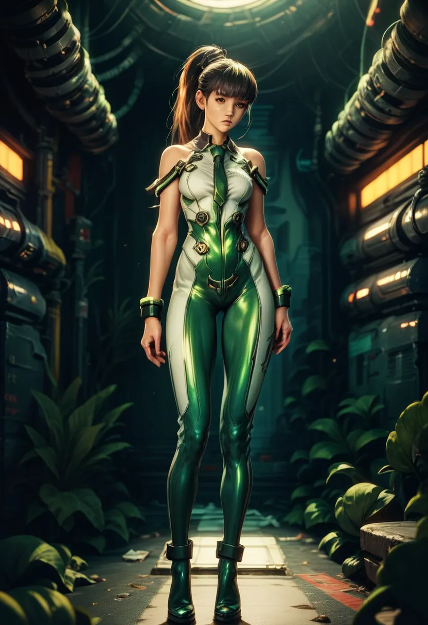 eve (star _[blade),  solo , jumpsuit, tie,  abandoned cyberpunk city full of plants, standing,  staring at the bare shoulders of...