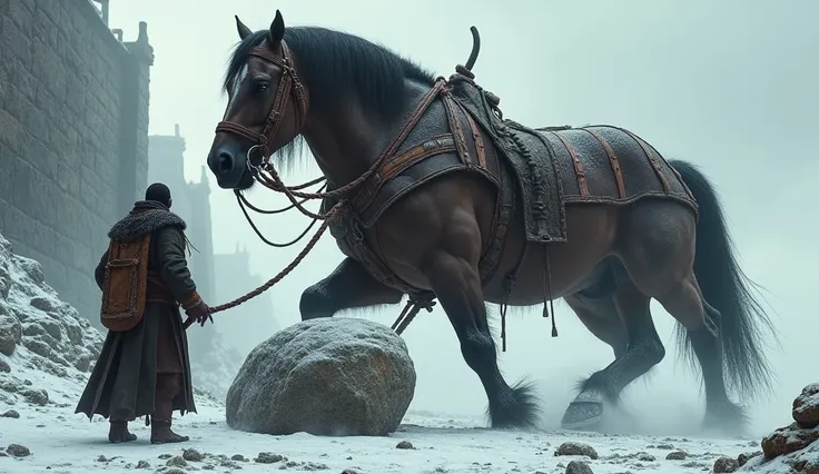 The Mighty Horse at Work
"A colossal, muscular horse strains against a thick harness, pulling a massive boulder across a snowy, rugged landscape. The giant walks beside it, directing its efforts, as the unfinished wall looms in the background."