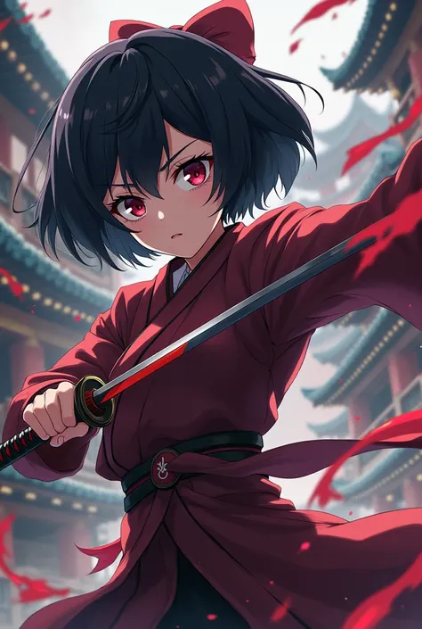 Kimetsu no yaiba a short-haired woman with black hair and red eyes is fighting with a katana