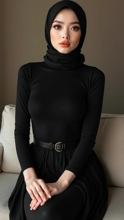 Photorealistic european woman, 165cm high, ((smooth skin)), ((pale skin)), pinkish orange lipstick, long eyelashes, full lips, wide hips, thin waist, smokey eyeshadow, wide hips, ((wearing tight black top, tight black long skirt, black hijab, huge wide boo...