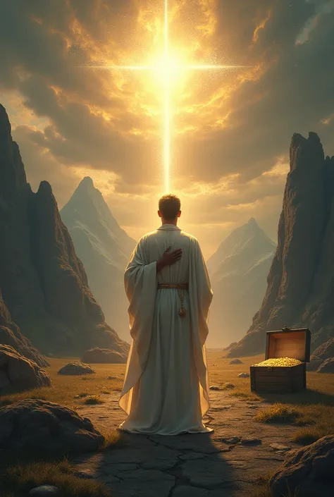  A man facing a fork in the road. On one side,  a luminous mountain with a ray of divine light ,  representing faith in God . On the other side,  a chest full of gold and material riches , but surrounded by shadows .  Man is reflecting ,  with one hand on ...