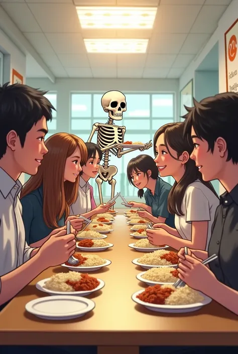 A lot of people sat down to eat rice in a fun way. Behind him, a skeleton man was holding a cartoon plate of food.
In the cafeteria of the university beautiful realistic 