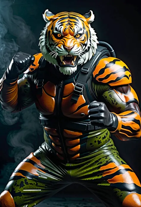 (a dark-skinned bulky muscular old man in a bulky army camouflage zipper diver suit), wielding gun, (wearing realistic roaring tiger mask), dynamic action pose, fierce expression, showcasing an imposing stature, surrounded by military elements, dramatic sh...