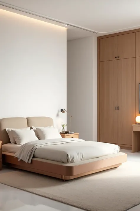  Make an image of a bedroom where the walls are white ,  double bed with white copper bed  , headboard with beige  ,  a nightstand on each side of the bed  ,  lamp in one of the bedside tables  ,  a dressing table in the bedroom with lights and a large woo...