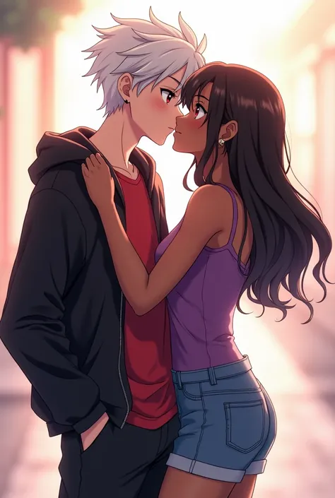 anime young adult boy with white hair, red eyes, red shirt, black jacket and black shorts kissing young adult african-american girl with black hair, brown eyes, purple tank top and blue denim shorts