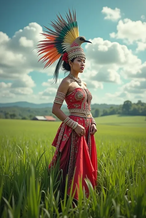 Photoshot beautiful woman wearing a red and white dayak costume and wearing mah city bird on her head is holding a red and white banner in a very green and wide meadow with a very beautiful sky cloud view