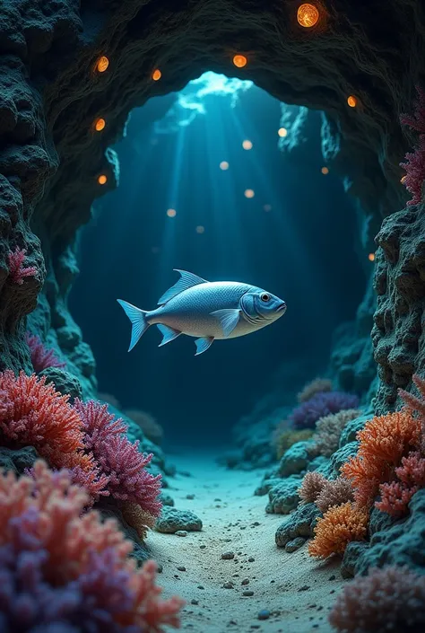 The silver fish swims into a secluded cave, the entrance framed by vibrant coral formations. Inside, the walls are lined with glowing shells, emitting a soft, ethereal light that illuminates the dark, mysterious space, revealing the cave’s untouched beauty...