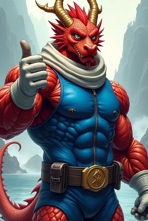 (A rugged beefy very muscular serious red chinese dragon), (wearing blue zipper wetsuit), thumbs up pose. He has bulky scuba gear, wearing white hero scarf, muscular physique, toned muscles, fierce, heroic, action, comic artstyle, bulky best quality, weari...